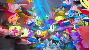 Dense 3D low poly coral reef scene with abundant tropical fish, colorful corals, sea fans, and marine creatures creating vibrant underwater paradise ecosystem