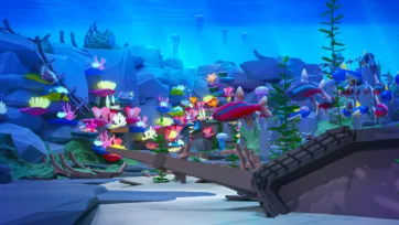 3D low poly underwater scene showing shipwreck surrounded by vibrant coral garden, colorful sea anemones, tropical fish, and diverse marine plant life