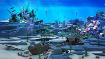 Low poly 3D underwater landscape featuring multiple weathered shipwrecks, floating jellyfish, coral formations, and seaweed across sandy ocean bottom