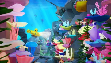 3D low poly underwater scene featuring yellow submarine exploring coral reef environment with colorful marine plants, fish, and underwater rock formations