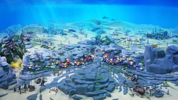 Wide angle view of 3D low poly underwater world showcasing multiple shipwrecks, extensive coral reef systems, swimming sharks, and vibrant marine ecosystem