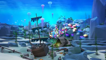 Low poly 3D underwater scene with wooden shipwreck surrounded by floating jellyfish, colorful coral formations, and diverse marine vegetation on ocean floor