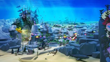 3D low poly underwater world scene featuring shipwrecks, colorful coral reefs, and marine life with vibrant pink and blue corals scattered across sandy ocean floor