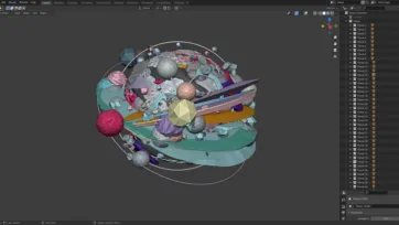 Blender 3D viewport showing complete collection of 50 low poly planets with scene hierarchy for game development