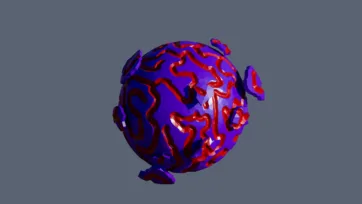 Exotic low poly planet with purple and red maze-like surface patterns in geometric abstract design