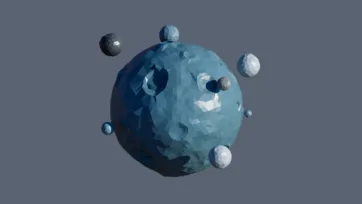 Crater low poly planet with multiple floating moons and orbital system in blue geometric space environment