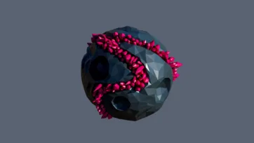 Spiky low poly planet with pink crystal formations and dark rocky surface in geometric mineral design