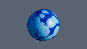 Blue low poly planet resembling Earth with continent shapes and geometric ocean patterns in polygonal style