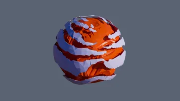 Layered low poly planet with orange purple and white geological bands in geometric sedimentary rock design