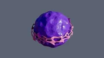 Amethyst low poly planet with purple crystal surface and pink coral-like geometric patterns and formations