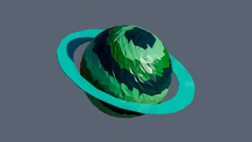 Forest low poly planet with cyan orbital rings and green nature surface patterns in geometric woodland design