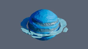 Crystal low poly planet with layered blue ring system and geometric faceted surface in ice crystal design