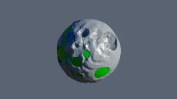 Earth-like low poly planet with green continents blue oceans and white polar ice caps in geometric style