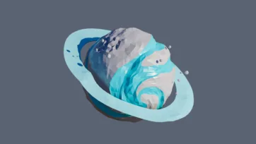 Ice low poly planet with cyan orbital rings and floating moons in blue white geometric frozen world design