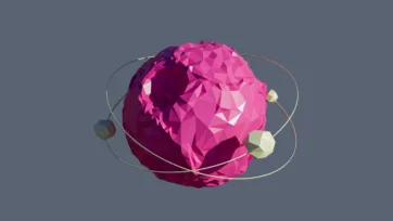 Crystal low poly planet with pink orbital rings and geometric faceted surface in vibrant gem-like design