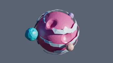 Complex low poly planet with pink magenta surface patterns and multiple orbital moons in geometric system