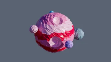 Gem low poly planet with pink red crystal surface and floating satellite moons in geometric jewel design