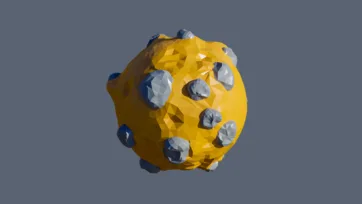 Cheese-like low poly planet with yellow surface and blue crater holes in geometric swiss cheese design