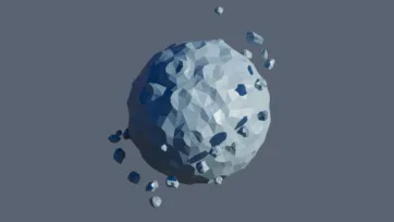 Frozen low poly planet with floating ice chunks and debris particles in geometric arctic environment