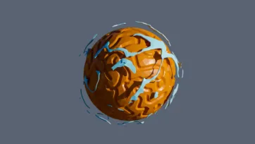 Desert low poly planet with orange surface and cyan river systems creating geometric oasis patterns
