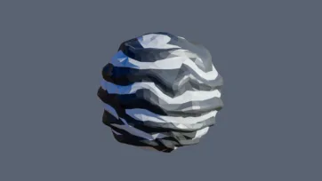 Layered low poly planet with black and white striped geological patterns in geometric sedimentary design