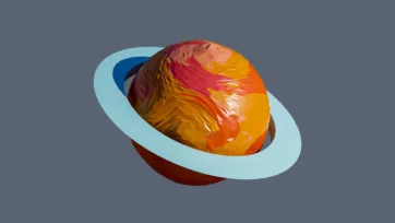 Fire planet with cyan orbital rings featuring orange red lava surface in dramatic low poly geometric design