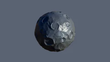 Metallic gray low poly planet with industrial surface textures and crater details in monochrome geometric style