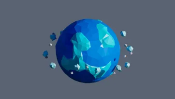 Ocean blue low poly planet with floating crystal fragments and geometric water surface patterns