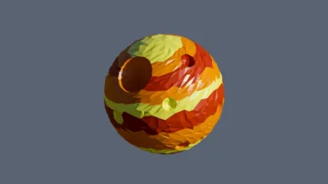 Autumn colored low poly planet with orange yellow and brown crater patterns in geometric fall palette