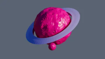 Magenta low poly planet with purple orbital rings and small satellite moon in vibrant geometric design