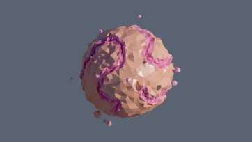 Rocky low poly planet with pink mineral veins and floating debris particles in geometric asteroid style