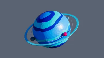 Blue low poly planet with orbital ring system and small moons in geometric space environment design