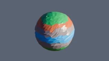 Colorful low poly planet with rainbow striped surface layers featuring green orange blue and gray geometric bands