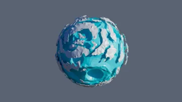 Earth-like low poly planet with blue oceans white continents and geometric continental landmasses in polygonal style