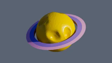 Yellow low poly planet with purple orbital rings and crater formations in bright geometric 3D space design