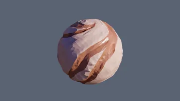 Sandy low poly planet with brown purple and beige striped surface patterns in geometric polygonal desert world design