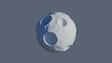 Blue and white low poly planet with prominent crater formations and geometric surface details in minimalist style