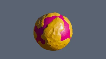 Golden low poly planet with pink spiral patterns and crater formations in warm geometric color scheme
