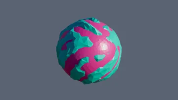 Vibrant low poly planet with pink and green continental masses creating colorful geometric terrain patterns