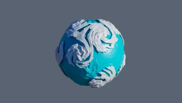 Storm planet with swirling weather patterns in teal and white low poly geometric design showing atmospheric dynamics