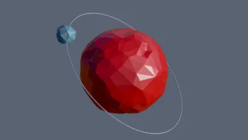 Red low poly planet with small blue moon connected by thin orbital ring in minimalist geometric design