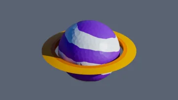 Saturn-like low poly planet with purple surface and bright yellow orbital rings in geometric 3D style