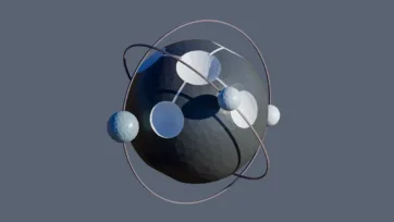 Atomic themed low poly planet with orbital rings and electron spheres creating scientific molecular structure design