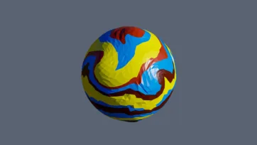 Vibrant low poly planet with swirling color patterns in yellow blue red creating dynamic geometric surface