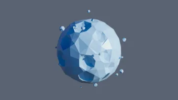 Ice low poly planet with floating crystal shards and geometric surface patterns in blue and white tones