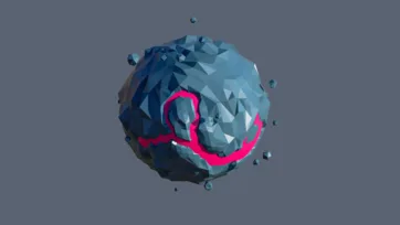 Crystalline low poly planet with pink energy rings and floating geometric fragments in blue ice texture
