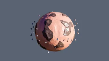 Desert low poly planet with large craters and floating debris particles in orange brown geometric style