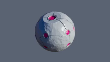 Mechanical low poly planet with pink accent lights and technological surface details in futuristic 3D design