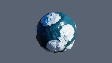 Ice planet with low poly storm patterns and swirling weather systems in blue teal and white geometric design