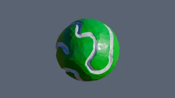 Green low poly planet with white river systems and continental features rendered in geometric polygonal 3D style